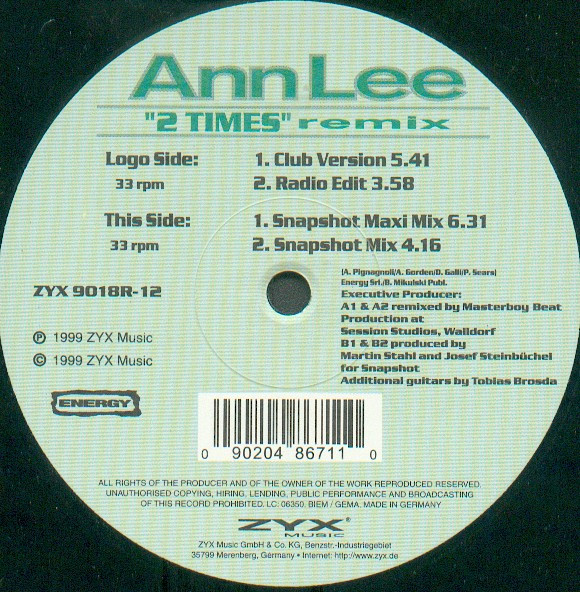 ANN LEE - 2 TIMES REMIX - 12 Inch vinyl